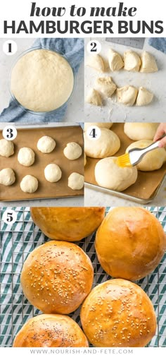 the steps to make hamburger buns are shown in this collage with instructions for how to make hamburger buns