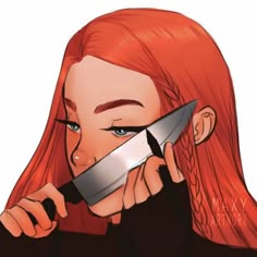 a woman with red hair holding a knife to her face