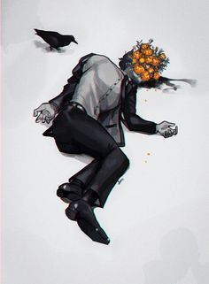 a drawing of a man laying on the ground with flowers in his hand