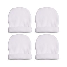 four white baby hats on top of each other