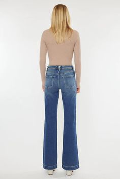 Our Pilot High Rise Flare Jeans come in with faded details and a unique flared design that's trendy and chic. Sits above the natural waistline as it lightly tapers down the thigh and begins to flare out down the leg. Made with comfort-stretch denim that retains its shape while allowing you to move with ease. Features a classic five-pocket design, single-button front, and zip-fly closure. Rise 10.75" / Inseam 34" (Size 3 / 25) 99% Cotton, 1% Spandex Model in Size 25 Light Wash Style # : KC9289L Medium Wash Style # KC9289M Stretchiness Level >> Rigid High Rise Flare Jeans, Medium Blue, Flare Jeans, Stretch Denim, High Rise, Spandex, Design