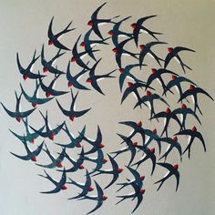 a painting of many birds flying in the air with red dots on their wings and beaks