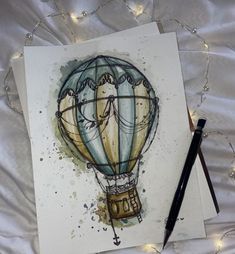 Small Painting Watercolor, Watercolor Hot Air Balloon Painting, Watercolor Painting On Book Pages, Art Sketchbook Watercolour, Watercolor Art Summer, Watercolor Art Ideas Sketchbooks, Art Inspo Watercolour, Watercolour Art Aesthetic, Hot Air Balloon Sketch