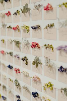 a bunch of flowers are arranged on a wall with notes attached to it that read, i love you