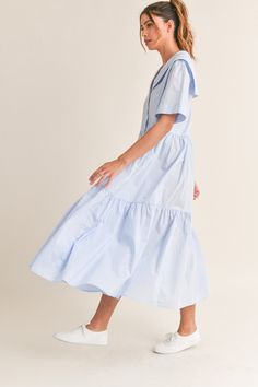 Sail away in style with our Sailor Collar Midi Dress! Made with lightweight cotton poplin, this dress features a playful short sleeve sailor collar, tiered button down design, and loose fit for all-day comfort. Perfect for any occasion, this dress will have you setting sail in style. 100% cotton Sailor Dress, Sailor Collar, Blue Midi Dress, New Tops, Dream Wardrobe, Cotton Poplin, Denim Dress, In Style, Active Wear