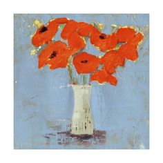 a painting of red poppies in a white vase on a blue background with yellow accents