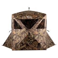 an image of a hunting blind in realtree camo with the top open and bottom closed