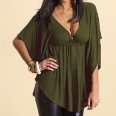 Plus Size Sexy Femmes V Neck Summer Vrac Blouse Manches Batwing Shirt Tops Casual Green V-neck Party Top, Green V-neck Top For Night Out, Stretch V-neck Blouse For The Beach, Solid Color Short Sleeve Club Top, Solid V-neck Beach Blouse, Solid V-neck Blouse For Beach, Solid V-neck Blouse For The Beach, Solid Color Stretch Tops With Batwing Sleeves, Solid Color V-neck Beach Tops