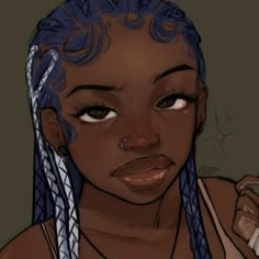 a drawing of a woman with blue hair and braids on her head looking at the camera