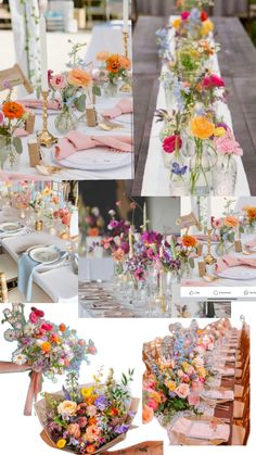 a collage of photos with flowers and place settings