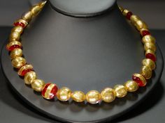 Gold and Red 24K Gold Leaf Murano Glass Necklace Red Faceted 14k Gold Jewelry, Elegant 14k Gold-filled Red Jewelry, Red Tarnish-resistant Gold-plated Necklace, Red 14k Gold-filled Gemstone Jewelry, Elegant Gold Murano Glass Necklace, Murano Glass Necklaces, Gold And Red, Box Clasp, 24kt Gold