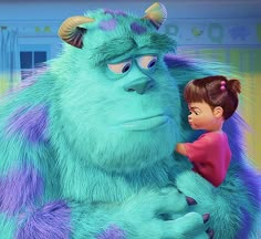 an animated character is hugging a child in the movie monster's inclosure