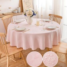 the table is set for two with plates and place settings on it, along with flowers