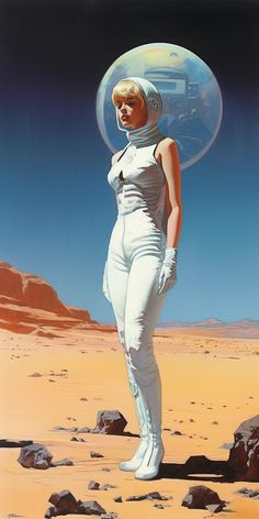 a woman standing in the desert with a bubble on her head and an astronaut's helmet over her head