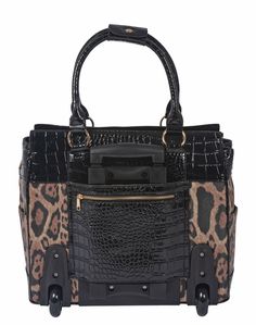 Take a walk on the wild side with the London leopard rolling laptop carryall bag. The perfect carryall for work, travel, and daily errands. - Black patent style faux alligator trim with leopard pattern faux leather. - Gold tone accent pendant plus gold tone hardware. - Padded pocket fits a tablet, iPad, and 13"- 17" laptop. - Fully lined black interior with large zipper wall pocket plus two open pockets. Two exterior side pockets. Secure zipper top closure. Back side zipper pocket. - Pull out re Rolling Laptop Bag, Running Everyday, Rolling Tote, Holdall Bag, Handbag Stores, Walk On The Wild Side, Laptop Tote, Heavy Bags, Take A Walk