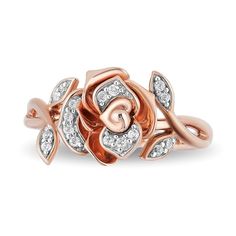 10K rose gold Belle rose ring with 17 round brilliant cut diamonds weighing approximately 1/10 ct. tw. Part of the Enchanted Disney Fine Jewelry CollectionThe heart, like a rose, blossoms when loved | Enchanted Disney Belle 1/10 ct. tw. Diamond Rose Ring | 10K Rose Gold Quince Jewelry, Disney Ring, Mens Wedding Rings Vintage, Disney Rings, Rose Jewellery, Enchanted Disney, Enchanted Disney Fine Jewelry, Disney Fine Jewelry, Diamond Signet Ring