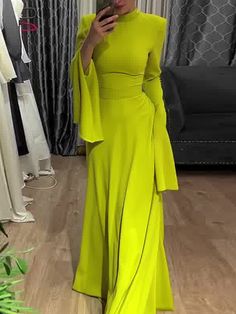 Ruffle Sleeves Skinny Belted Solid Color Round-Neck Maxi Dresses YELLOW GREEN-S Mustard Yellow Dress, Dresses Yellow, Bae Watch, Butterfly Sleeve Dress, A Line Maxi Dress, Banquet Dresses, High Waist Dress, فستان سهرة, Women's Evening Dresses