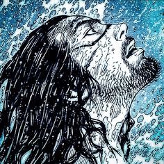 a drawing of a man with long hair in the rain looking up into the sky