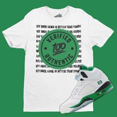 Verified Authentic T-Shirt Matching Air Jordan 5 Lucky Green, Retro 5s Tee, Sneakerhead Gifts ▶▶T-SHIRT DETAILS ● This sneaker match tee is designed to match the Air Jordan 5 Lucky Green ● This sneaker t-shirt is printed on an Adult Unisex size shirt (See Size Guide) ● Printed on Heavy Cotton Gildan 5000 Tee ● Custom Made - Not Jordan Brand or Nike ● We strive to color-match the actual sneakers. When an exact color match is unattainable we use the closest color code available. ▶▶ F E A T U R E S ✔️It feels soft and lightweight, with the right amount to stretch. ✔️It is comfortable and flattering for women & men. ✔️The double stitching on the neckline and sleeves add more durability to what is sure to be a favorite. ✔️Wearable all year around ✔️Made with high-quality material ✔️Shoes Not In Sporty Green Top With Branding, Casual Green Shirt For Sports Events, Green Casual T-shirt For Sports Events, Green Sports T-shirt With Branding, Green Sporty Shirt With Logo Print, Sporty Green Shirt With Logo Print, Casual Branded T-shirt For Sports Events, Casual T-shirt For Sports Events With Branding, Sneakerhead Gifts