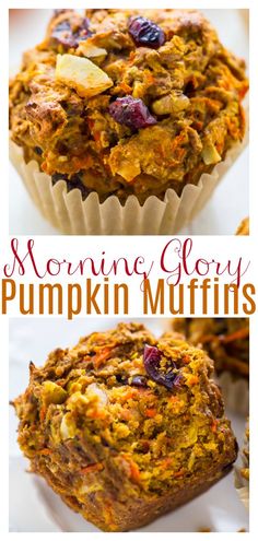 pumpkin muffins with cranberries and nuts on top are shown in this collage