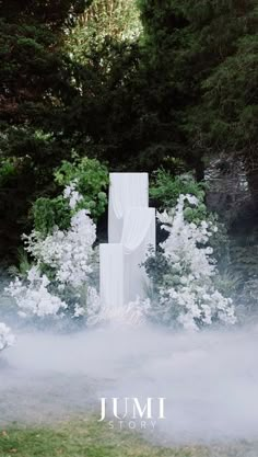 a white statue surrounded by trees and flowers in the foggy forest with text jumi story