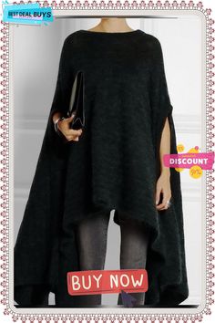 Regular Size Urban Loose Plain Mid-long Sweater Winter Long Sleeve Solid Color Cape, Casual Long Sleeve Cape For Layering, Casual Long Sleeve Cape For Fall, Oversized Cape Sweater For Fall, Solid Long Sleeve Cape For Fall, Spring Solid Color Long Sleeve Poncho, Long Sleeve Winter Cape For Layering, Winter Long Sleeve Poncho For Layering, Long Sleeve Winter Cape