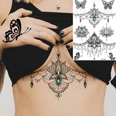 a woman's stomach with tattoos on the side and an image of a butterfly