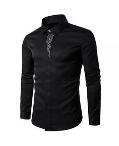 Buy Men Causal Turn Down Collar Slim Floral Placket Long Sleeve Shirt Male Top - Black - 3Z82229912 online, fidn many other Men's Shirts Tuxedo Dress, Slim Fit Dress Shirts, Fitted Dress Shirts, Slim Fit Dresses, Embroidery Fashion, Slim Fit Shirt, Long Sleeve Casual, Shirt Online, Mens Long Sleeve