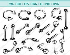 various types of piercings and piercing tips in black and white, with the text svg