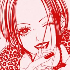 a drawing of a girl with red hair holding a cell phone in her hand and looking at the screen