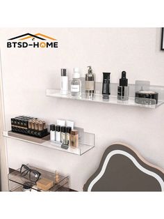 two clear shelves with various items on them