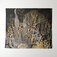 a black and gold wall hanging with corals, seaweed and other marine life