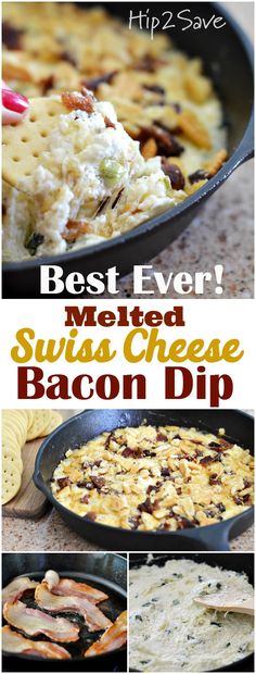 bacon dip recipe in a cast iron skillet with text overlay that says best ever melted cheese bacon dip