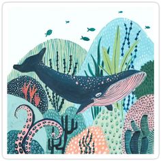 an illustration of a whale swimming in the ocean surrounded by corals and seaweed