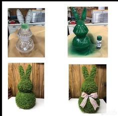 four pictures of different items made to look like grass rabbits and vases with bows on them