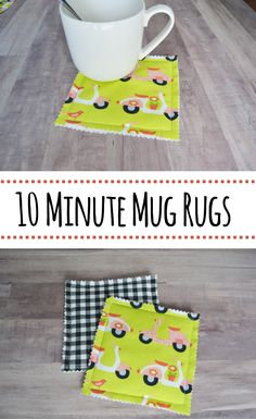 two mug mats with the words 10 minute mug rugs on them, and an image of