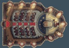 an overhead view of a restaurant with tables and chairs in the center, on a blue background