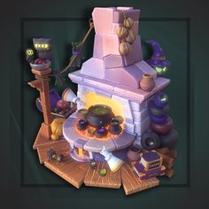 an animated image of a stove with many items around it