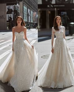 two pictures of a woman in a wedding dress on the street, one is wearing a long sleeved gown