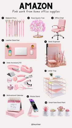 pink office supplies and accessories are arranged in this info sheet with the words amazon on it