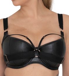 Strap in and show off with this sexy bra style featuring a variety of bands that let you play with its look. Made of viscose, polyester, polyamide and elastane with a polyurethane coating. Multi-part underwire cup has light padding and vertical seams for a rounded, full, smooth shape. Cup overlay has a leatherette appearance. Sewn-on elastic at front base helps maintain a consistent fit against the body. Strapping harness at front has silky stretch cage bands that frame top of breasts, and have Half Cup Bra, Harness Bra, Blue Bra, Curvy Kate, Balcony Bra, Metallic Yarn, Cup Bra, Plunge Bra, Bra Styles