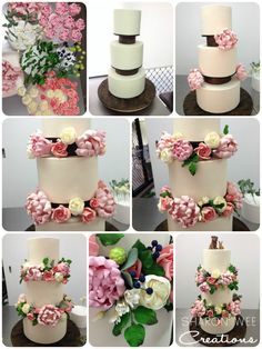 many different pictures of a wedding cake with flowers on it