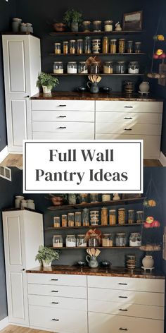 a kitchen with white cabinets and lots of pantry items on the shelves above it is an advertisement that says full wall pantry ideas