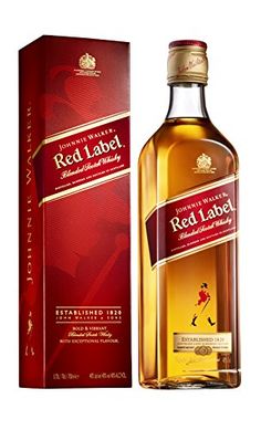 a bottle of red label whisky next to a box