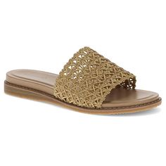 Baretraps Noya Wedge Slide Sandal  This casual yet sassy slide sandal pairs easily with any summer style, whether you wear it with dresses, skirts, or a cute top and shorts. The comfortable wedge and cushioned insole allow you to walk effortlessly and in style from day to night. Summer Slide Wedge Sandals With Cushioned Footbed, Gold Round Toe Slides For Beach, Casual Gold Slides For Vacation, Summer Slide Wedge Sandals In Synthetic Material, Gold Synthetic Slides For Beach, Gold Flat Slides For Beach, Wedge Heel Slides For Summer Vacation, Summer Vacation Wedge Heel Slides, Gold Synthetic Slides For Vacation