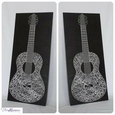 two black and white string art paintings of an acoustic guitar