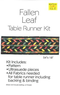 the fall leaf table runner kit is shown in black and orange, with instructions to make it