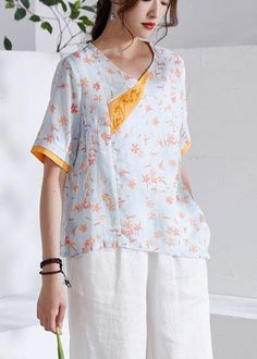 Modern Orange V-neck Patchwork Print Summer Ramie Top Spring V-neck Patchwork Blouse, Spring V-neck Patchwork Tops, Spring Patchwork V-neck Tops, Winter Knit Sweater, Chiffon Dress Long, Patchwork Print, Chiffon Ruffle, Long Summer Dresses, Fleece Pants