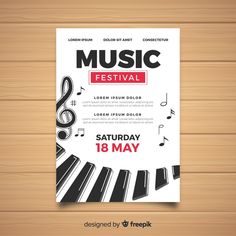 a music festival poster with piano keys and musical notes on the wooden background, suitable for flyers