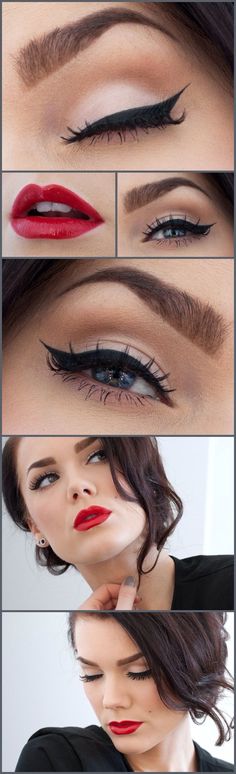 Gorgeous makeup! Maquillage Pin Up, Stile Pin Up, Makeup Tip, Makijaż Smokey Eye, Winged Eyeliner, Old Hollywood Glamour, Red Lipstick, Eye Make, Love Makeup